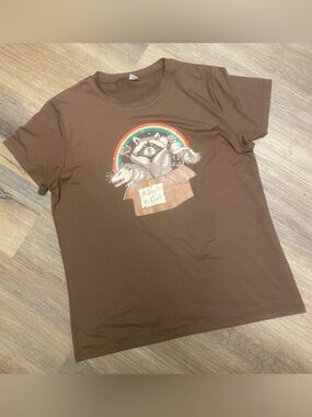 Women’s Brown Graphic Tee with Rainbow Raccoon Design “adopt a cat” XL